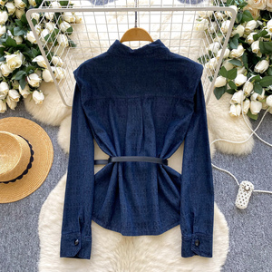 Camicette autunnali a maniche lunghe con collo rovesciato <span class=keywords><strong>Vintage</strong></span> in Denim da donna camicie solide da donna con <span class=keywords><strong>top</strong></span> retrò vestiti da donna all'ingrosso - Product Image 4