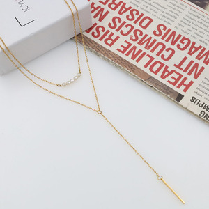 European American Fashion Minimalist Double Layer Tassel Pearl Necklace Gold <b>Titanium</b> Steel Clavicle <b>Chain</b> For Women Gift - Product Image 3
