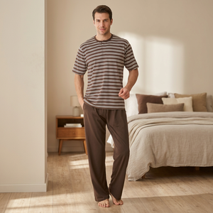 Ensemble de pyjama décontracté pour homme en coton 100% teint en fil, à manches courtes, rayé, avec poches, en tissu tricoté respirant - Product Image 2