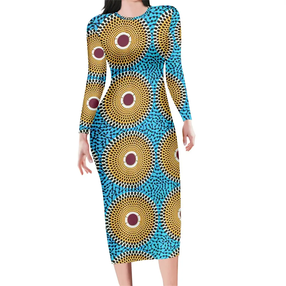 Gaun Desain Kitenge Afrika Gaun Ketat Seksi Gaun Leher O Lengan Panjang Wanita Gaun Maxi Kasual Elegan Wanita