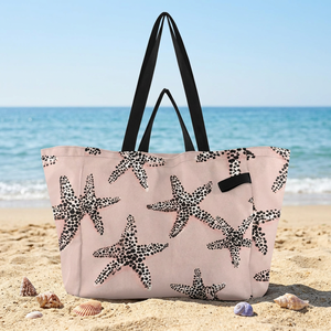 Pink Starfish Pattern <b>Canvas</b> Beach Tote <b>Bag</b> Custom <b>Large</b> Custom Shoulder <b>Bag</b> with Black Handles for Beach Shopping - Product Image 1
