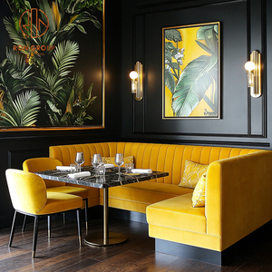 Set Moderno di Tavolo e Sedie a L in Pietra Sinterizzata, Pelle e Velluto per Caffetterie e Ristoranti, Arredamento con Divanetti - Product Image 4