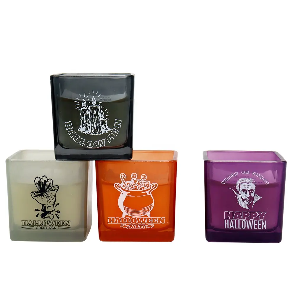 OEM Custom 2.5oz vaso di vetro quadrato per vacanze candele paraffina cera di soia miscela di cera di soia piccola candela profumata di Halloween per feste