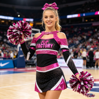 Tenue de cheerleading Y2K Coquette rose et noire avec strass, manches longues, épaules dénudées, empiècements en maille, tenue de compétition scintillante