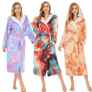 Coral fleece nightgown women thickened hooded bathrobe tie-dye home winter women's sleepwear lounge wear nightdress robes