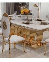Ensemble de table à manger en marbre de style européen moderne et luxueux, structure en acier inoxydable, 10 places, pieds en métal rectangulaires pour salle à manger de villa