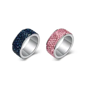 Anéis de prata coloridos embutidos em diamantes para casal, anéis redondos de aço inoxidável coloridos para pares, tamanhos múltiplos
