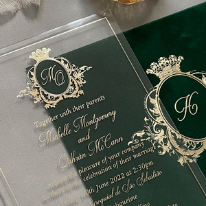 Invitations en acrylique transparent imprimées en feuille d'or de luxe supérieur Invitations de mariage de cartes en plastique enveloppe en velours - Product Image 5