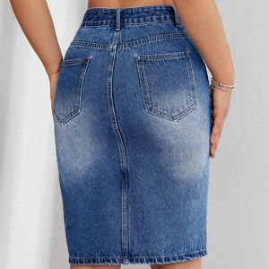 Falda <span class=keywords><strong>Midi</strong></span> vaquera ajustada asimétrica de cintura alta personalizada para mujer, dobladillo con borde de corte rasgado con bolsillos y botones, informal, otoño - Product Image 2