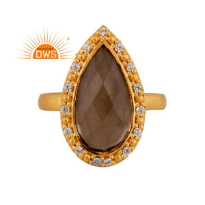Anillo de Piedra Preciosa de Cuarzo Ahumado con Circonita, Diseño de Diseñador, Chapado en Oro de 18k, Plata 925, Anillo de Moda para Mujer, Joyería al por Mayor - Product Image 1