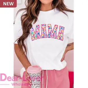 Sevgili-sevgilisi sıcak satış batı yaz sevimli MAMA leopar işlemeli ekip boyun grafik Tee kadın T shirt