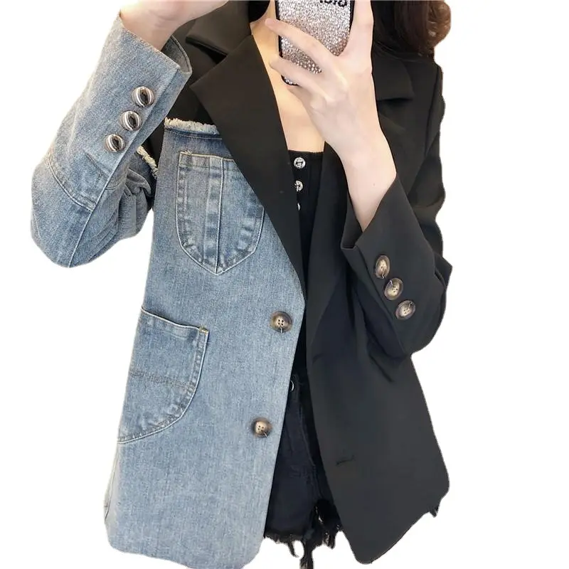 Frauen Vintage Mode Blazer Denim Patchwork Jacken Herbst Winter Unregelmäßiger Mantel Frauen Langarm Lose Koreanische Oberbekleidung