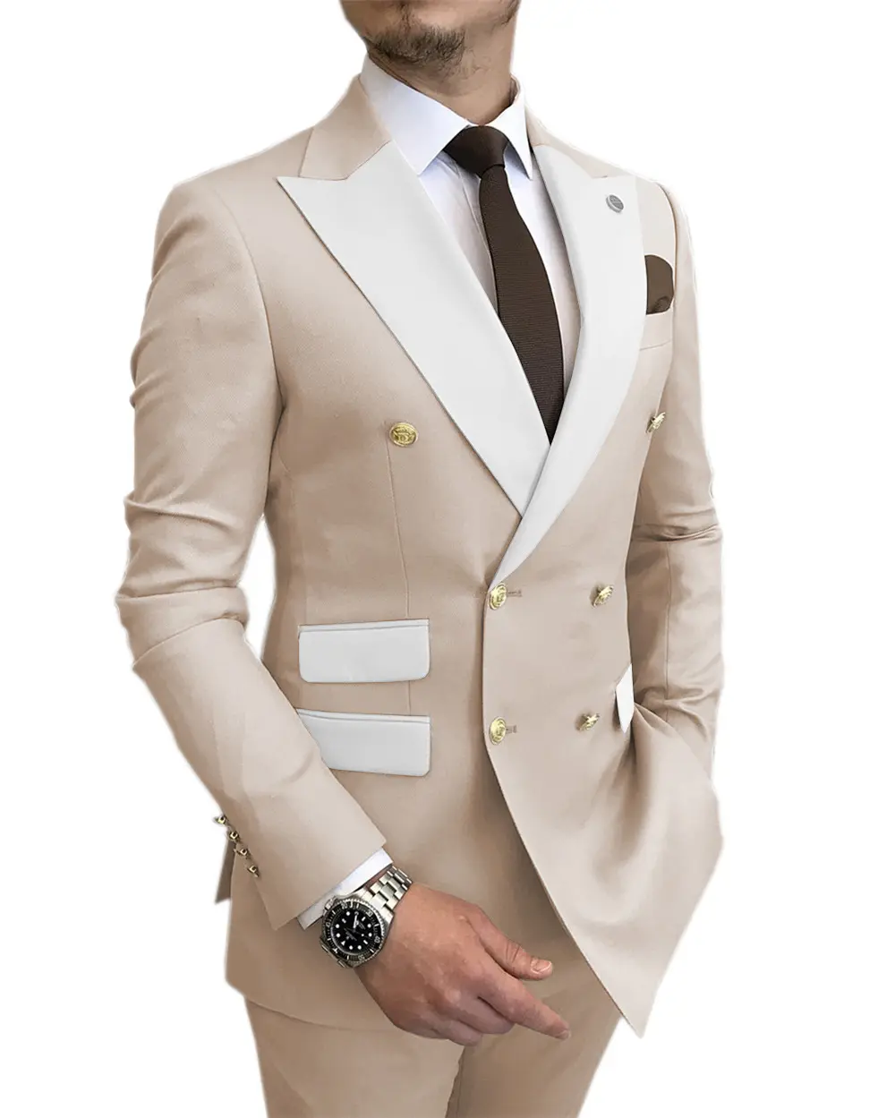 Traje de cuello blanco decorativo de alta calidad para hombre, traje informal de cuatro estaciones, punto azul, trajes de algodón ajustados