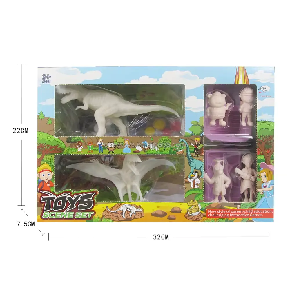 Grosir dinosaurus mewarnai DIY 24 buah seni kerajinan-cat warna Set mainan Model pendidikan seni kerajinan tangan Set dengan tikar bermain