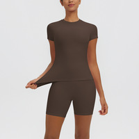 Ensemble 2 pièces respirant à taille élastique unie, short de yoga et de course taille haute, manches courtes, en Spandex/Nylon