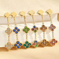KITI Sprankelende Kleurrijke Klaver Oorbellen met Hangertjes 316 Roestvrij Staal PVD 18K Goud Gecoat Kubieke Zirkonia Ketting Sieraden voor Vrouwen