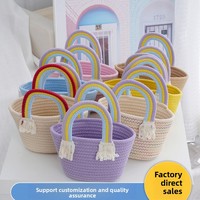 Sac à main tressé en fil de coton arc-en-ciel avec pompon ouvert, passe-partout, doublure en polyester, sac de voyage souvenir en corde de coton pour la plage