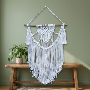Tapiz de Pared de Macramé Boho Blanco, Tapiz de Algodón con Forma Triangular, Decoración de Pared Hecha a Mano, Diseño Geométrico Abstracto - Product Image 2