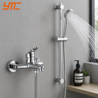 Ensemble de douche mural YMC chromé en acier inoxydable avec barre de douche coulissante ronde, douchette à main et jets à pulvérisation à pause