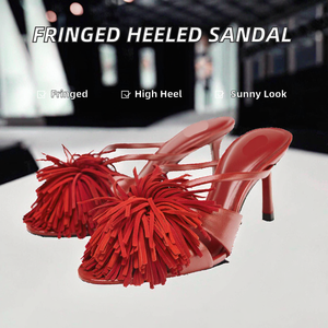 Custom Genuine Leather Ankle Strap Lace-up Heeled Sandals with Fringe Detail Thin <b>Heel</b> <b>Round</b> <b>Toe</b> Summer Autumn Breathable - Product Image 2