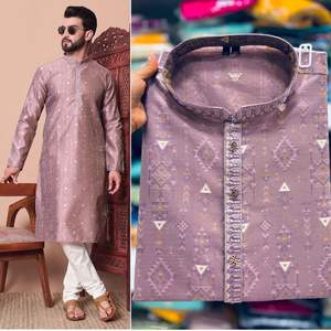 Premium Ethnic Wear Collection Hommes Kurta Pyjama Tissus Jacquard En Soie Avec Fantaisie Travail Readymade Kurta Pyjama - Product Image 2