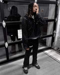 Sweat à capuche patchwork pour homme Yingling, pull à strass, 100% coton, surdimensionné, lourd, fermeture éclair quart de tour, sweat à capuche personnalisé - Product Image 2