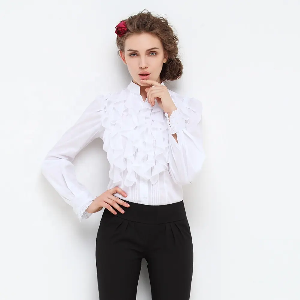 2023 spring new women's professional chiffon white shirt flanged collar long sleeve shirt