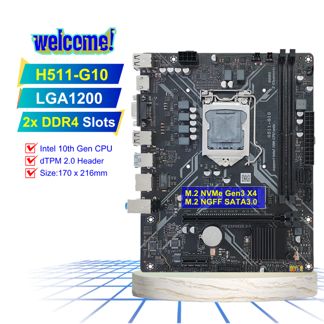 NEW H511-G10 Supports Intel 10th CPU and TPM 2.0 Header With 2X DDR4 Slots NVMe NGFF M2 SATA3.0 USB3.0 H510 Motherboard
