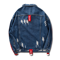 Nouvel arrivage de veste en jean Hiphop pour hommes veste bleue noire avec rayures latérales rouges manteau en denim déchiré bombardier en détresse veste solide