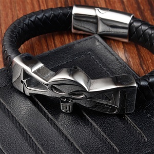 Hip Hop Jewelry Skull Stainless Steel Bracelet Customized Name Black Leather Braided Rope <b>Bangle</b> <b>Men</b> Leather Bracelet - Product Image 3