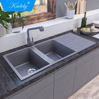 Installation sous plan de cuvette double multifonction de haute qualité approuvée CE Nettoyage facile Évier de cuisine moderne en granit noir