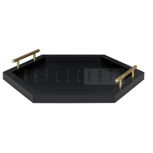 Maximus International MS-72 Luxury Modern Hexagon <b>Black</b> Wooden Serving Tray Gold Handles Decorative Ottoman Coffee <b>Table</b> <b>Vanity</b> - Product Image 3