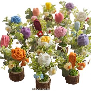 Bouquet de fleurs artificielles fait main en coton tricoté à la main, avec base en bois, au crochet, motif tournesol et marguerite, longue durée, cadeau fait main pour la maison - Product Image 1