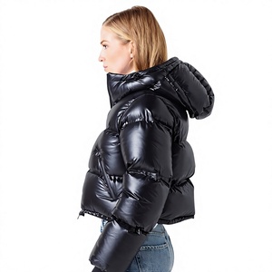 Custom High-Shine Shiny Black Eco-Friendly Puffer Jacket Unisex Hooded Front <b>Bubble</b> <b>Coat</b> Wholesale Winter Streetwear Outwear - Product Image 3