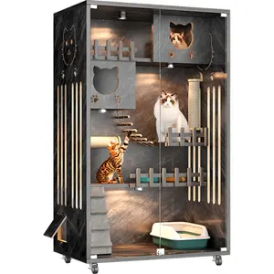 Solid Wood Cat Villa Nest Bed Wooden Cat Cage Enclosure Showcase Cattery Pet Display Cage Cabinet