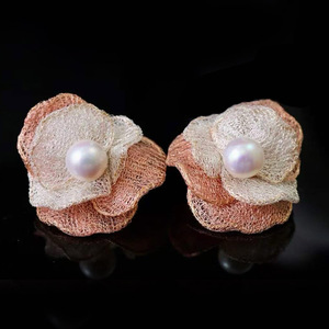 Handmade Lace Floral Pearl Dangle <b>Earrings</b>, USA Imported 14K Gold Filled Italian Lace Craft Natural Edison Freshwater pearl - Product Image 1