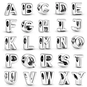 Perak huruf alfabet A-Z jimat manik-manik cocok Asli Pandora jimat gelang liontin manik-manik untuk membuat perhiasan