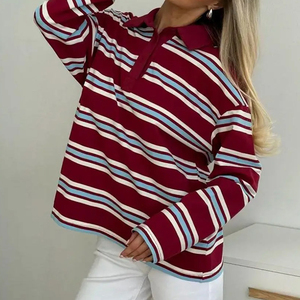 <span class=keywords><strong>Polo</strong></span> en <span class=keywords><strong>coton</strong></span> surdimensionné de haute qualité pour <span class=keywords><strong>femme</strong></span>, à rayures, manches longues, col à revers, demi-boutonnage, pull décontracté en maille - Product Image 3