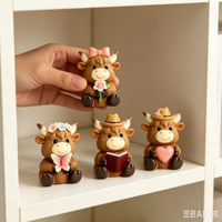 Patung Resin Anak Sapi Mini Lucu Grosir dengan Aksesoris Bunga, Buku, dan Kupu-kupu untuk Dekorasi Meja Rumah dan Kantor