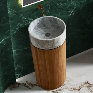 อ่างล้างหน้าแบบตั้งพื้นพร้อมฐานสแตนเลสลายไม้และอ่างหินอ่อนสีขาว - Product Image 3