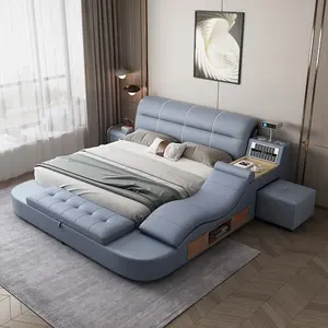 지능형 블루투스 스피커 가죽 침대 킹 사이즈 소프트 침대가있는 현대 다기능 전기 마사지 퀸 침대