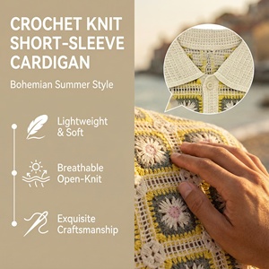 Atasan Rajut Crochet Bernapas untuk Musim Panas  Kemeja Lengan Pendek Motif Bunga  Cardigan Pria Gaya Boho Streetwear - Product Image 5