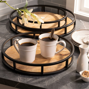 <b>Rustic</b> Round <b>Wooden</b> Decorative Tray Metal Serving Platter Farmhouse Centerpiece for Coffee <b>Table</b> <b>Dining</b> Room Home Decor - Product Image 5