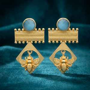 Gold Plated Ethnic Bee Design Engagement Drop <b>Earrings</b> with <b>Blue</b> Quartz Gemstone - Product Image 4