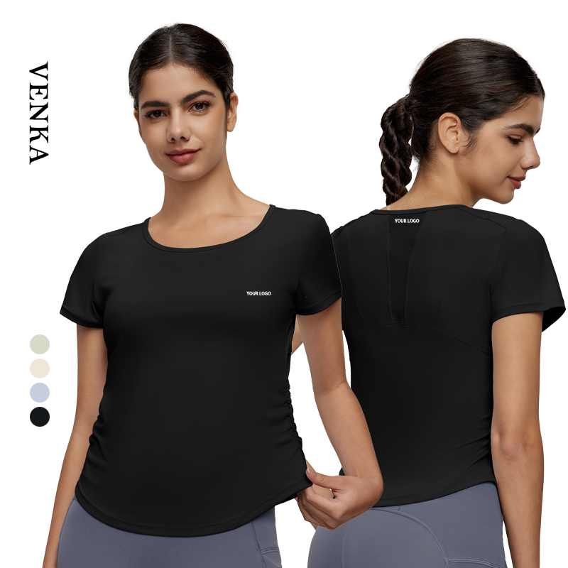 Women Solid Color Round Neck Short Sleeve Sport Gym Top Workout Clothing Female Mesh Splicing Design Slim Fit Yoga T Shirt
