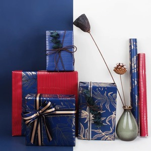 Blue Gold Leaf Pattern Recyclable Gift <b>Wrapping</b> <b>Paper</b> Roll Double Sided Art <b>Paper</b> 70GSM for Gift Packaging Digital Printing - Product Image 4