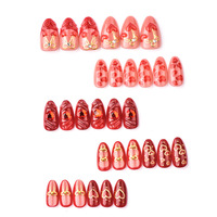 30 pièces Kit de faux ongles à presser en acrylique, forme amande, style French, avec nœud métallique, motif lèvres 3D et étoile, couvrance totale, pour nail art, vente en gros