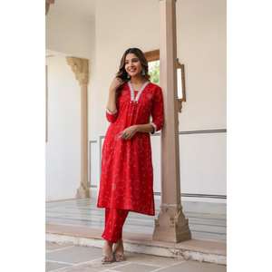 Exclusivo diseño de cuello color gris para mujeres y niñas en venta al por mayor puro algodón impreso recto Kurta con mangas impresas - Product Image 5