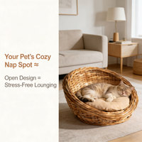 Cama Ecológica de Ratán para Perros y Gatos, Cesta Ovalada con Cubierta Extraíble y Lavable, Empacada en Cartón