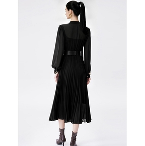 Nuovo Abito Primaverile da <span class=keywords><strong>Donna</strong></span> alla Moda, Casual ed <span class=keywords><strong>Elegante</strong></span>, a Collo Alto, <span class=keywords><strong>Maniche</strong></span> <span class=keywords><strong>Lunghe</strong></span>, in Chiffon Tinta Unita con Pieghe - Product Image 3